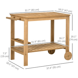Outdoor Bar Cart, Wood Rolling Home Bar & Serving Cart with 2 Shelves, Wine Bottle Holders for Garden, Dining Room, Natural