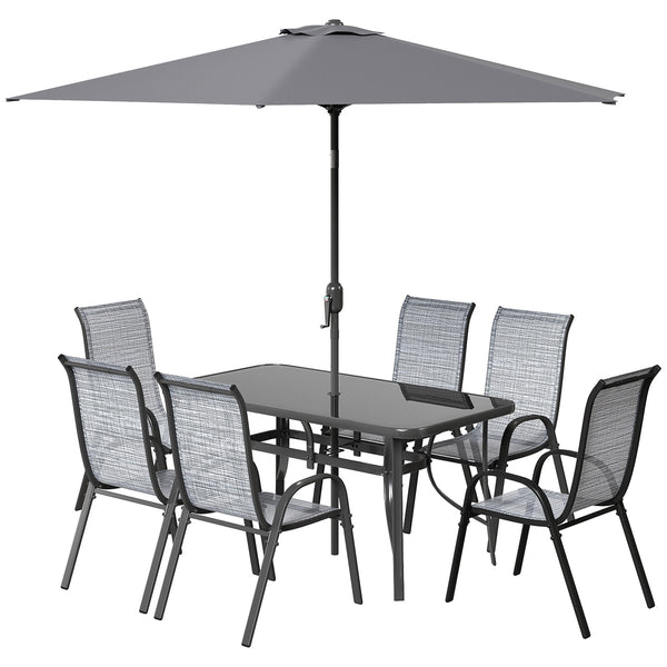 8 Pieces Patio Table and Chairs Set with 9 Ft Patio Umbrella, Outdoor Dining Set with 4.6 Ft Dining Table and 6 Chairs, Push Button Tilt and Crank Parasol, Tempered Glass Top, Mixed Gray