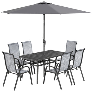 8 Pieces Patio Table and Chairs Set with 9 Ft Patio Umbrella, Outdoor Dining Set with 4.6 Ft Dining Table and 6 Chairs, Push Button Tilt and Crank Parasol, Tempered Glass Top, Mixed Gray