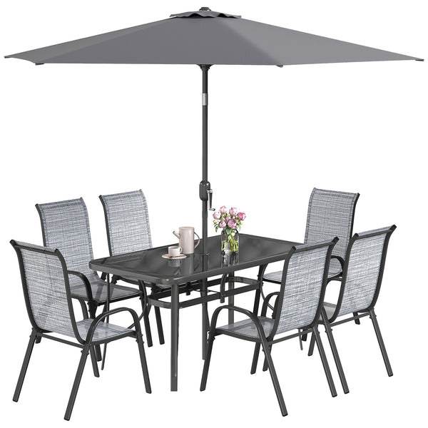 8 Pieces Patio Table and Chairs Set with 9 Ft Patio Umbrella, Outdoor Dining Set with 4.6 Ft Dining Table and 6 Chairs, Push Button Tilt and Crank Parasol, Tempered Glass Top, Mixed Gray