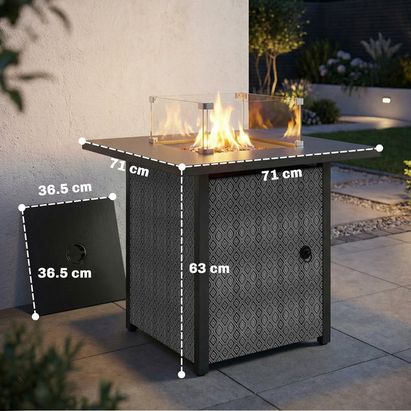 Propane Gas Fire Pit Table for Garden, 11.7 KW Smokeless Firepit Outdoor Heater with Wind Guard, Glass Rocks, Lid, Diamond Pattern Sides, Outdoor Garden Dining Table, 71 x 71 x 63cm, Black