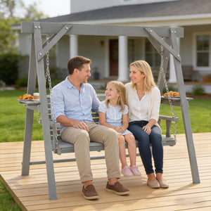 3 Seater Garden Swing Seat, Wooden Swing Chair Bench with Side Tables and Metal Chains, for Outdoor Porch Patio, Dark Grey