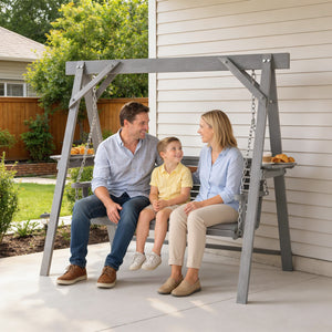 3 Seater Garden Swing Seat, Wooden Swing Chair Bench with Side Tables and Metal Chains, for Outdoor Porch Patio, Dark Grey