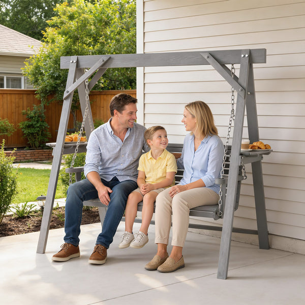 3 Seater Garden Swing Seat, Wooden Swing Chair Bench with Side Tables and Metal Chains, for Outdoor Porch Patio, Dark Grey