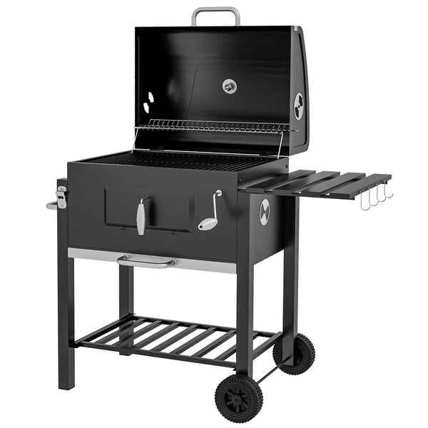 Charcoal Grill BBQ Trolley with Adjustable Charcoal Grate, Garden Metal Smoker Barbecue with Shelf, Side Table, Wheels, Built-in Thermometer, Bottle Opener