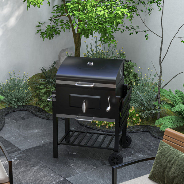 Charcoal Grill BBQ Trolley with Adjustable Charcoal Grate, Garden Metal Smoker Barbecue with Shelf, Side Table, Wheels, Built-in Thermometer, Bottle Opener