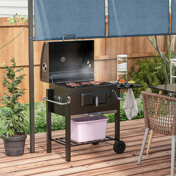 Charcoal Grill BBQ Trolley with Adjustable Charcoal Grate, Garden Metal Smoker Barbecue with Shelf, Side Table, Wheels, Built-in Thermometer, Bottle Opener