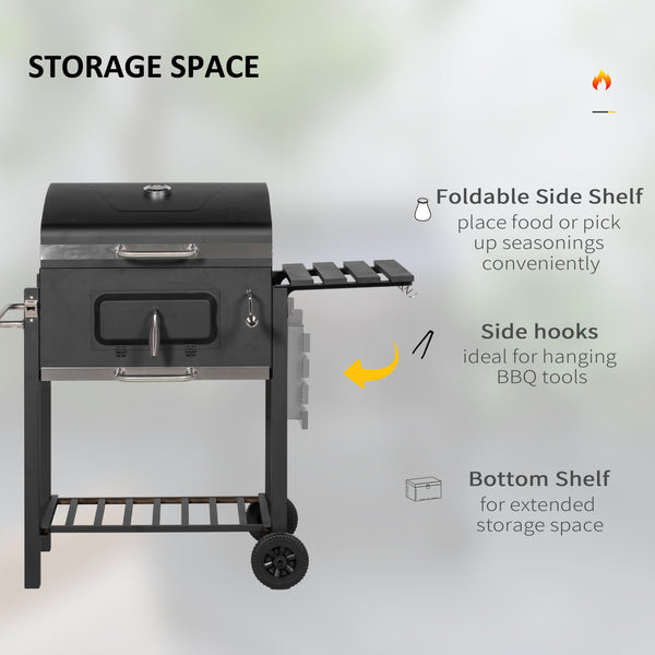 Charcoal Grill BBQ Trolley with Adjustable Charcoal Grate, Garden Metal Smoker Barbecue with Shelf, Side Table, Wheels, Built-in Thermometer, Bottle Opener