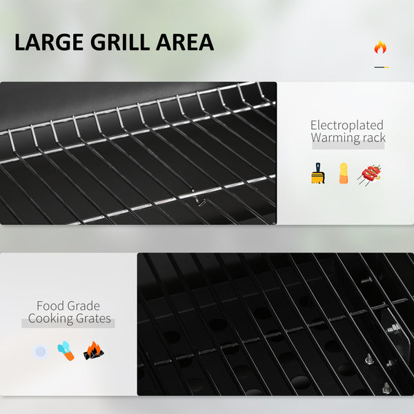Charcoal Grill BBQ Trolley with Adjustable Charcoal Grate, Garden Metal Smoker Barbecue with Shelf, Side Table, Wheels, Built-in Thermometer, Bottle Opener