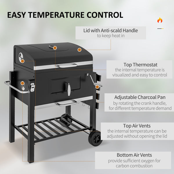 Charcoal Grill BBQ Trolley with Adjustable Charcoal Grate, Garden Metal Smoker Barbecue with Shelf, Side Table, Wheels, Built-in Thermometer, Bottle Opener