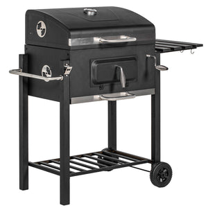 Charcoal Grill BBQ Trolley with Adjustable Charcoal Grate, Garden Metal Smoker Barbecue with Shelf, Side Table, Wheels, Built-in Thermometer, Bottle Opener
