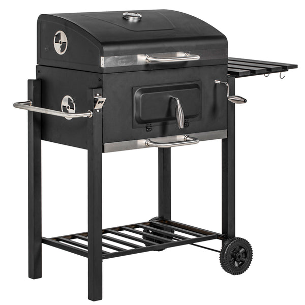 Charcoal Grill BBQ Trolley with Adjustable Charcoal Grate, Garden Metal Smoker Barbecue with Shelf, Side Table, Wheels, Built-in Thermometer, Bottle Opener