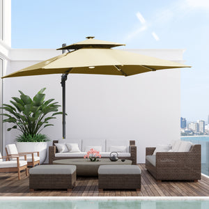 Outsunny 10FT Cantilever Patio Umbrella with Solar LED Lights & Power Bank, Double Top Outdoor Offset Umbrella with 360° Rotation, Tilt, Crank & Cross Base for Garden, Khaki