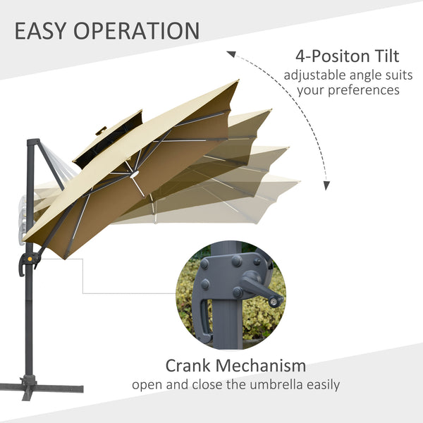 Outsunny 10FT Cantilever Patio Umbrella with Solar LED Lights & Power Bank, Double Top Outdoor Offset Umbrella with 360° Rotation, Tilt, Crank & Cross Base for Garden, Khaki