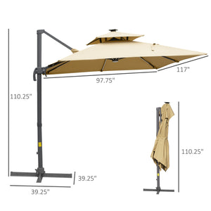 Outsunny 10FT Cantilever Patio Umbrella with Solar LED Lights & Power Bank, Double Top Outdoor Offset Umbrella with 360° Rotation, Tilt, Crank & Cross Base for Garden, Khaki