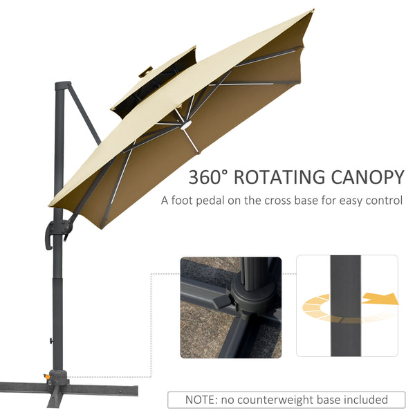 Outsunny 10FT Cantilever Patio Umbrella with Solar LED Lights & Power Bank, Double Top Outdoor Offset Umbrella with 360° Rotation, Tilt, Crank & Cross Base for Garden, Khaki