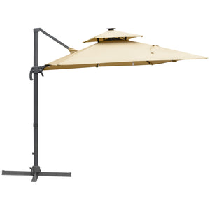 Outsunny 10FT Cantilever Patio Umbrella with Solar LED Lights & Power Bank, Double Top Outdoor Offset Umbrella with 360° Rotation, Tilt, Crank & Cross Base for Garden, Khaki