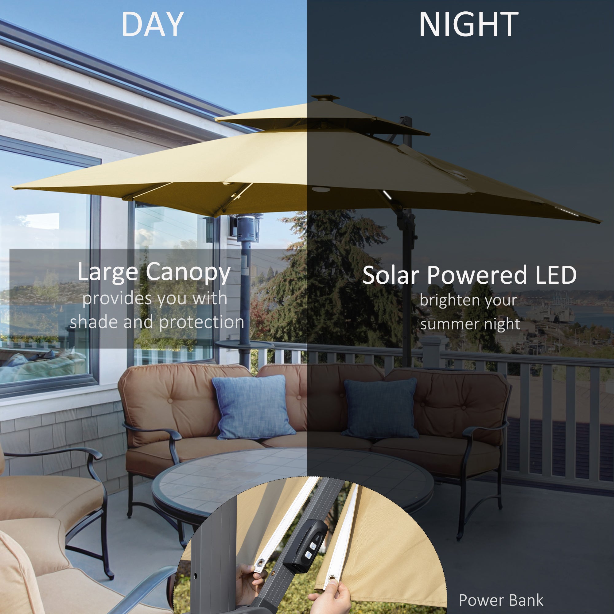 Outsunny 10ft Khaki Solar LED Cantilever Umbrella with 360 Rotation and Tilt for Outdoor Garden Yard Outsunny 10ft Khaki Solar LED Cantilever Umbrella with 360 Rotation and Tilt for Outdoor Garden Yard