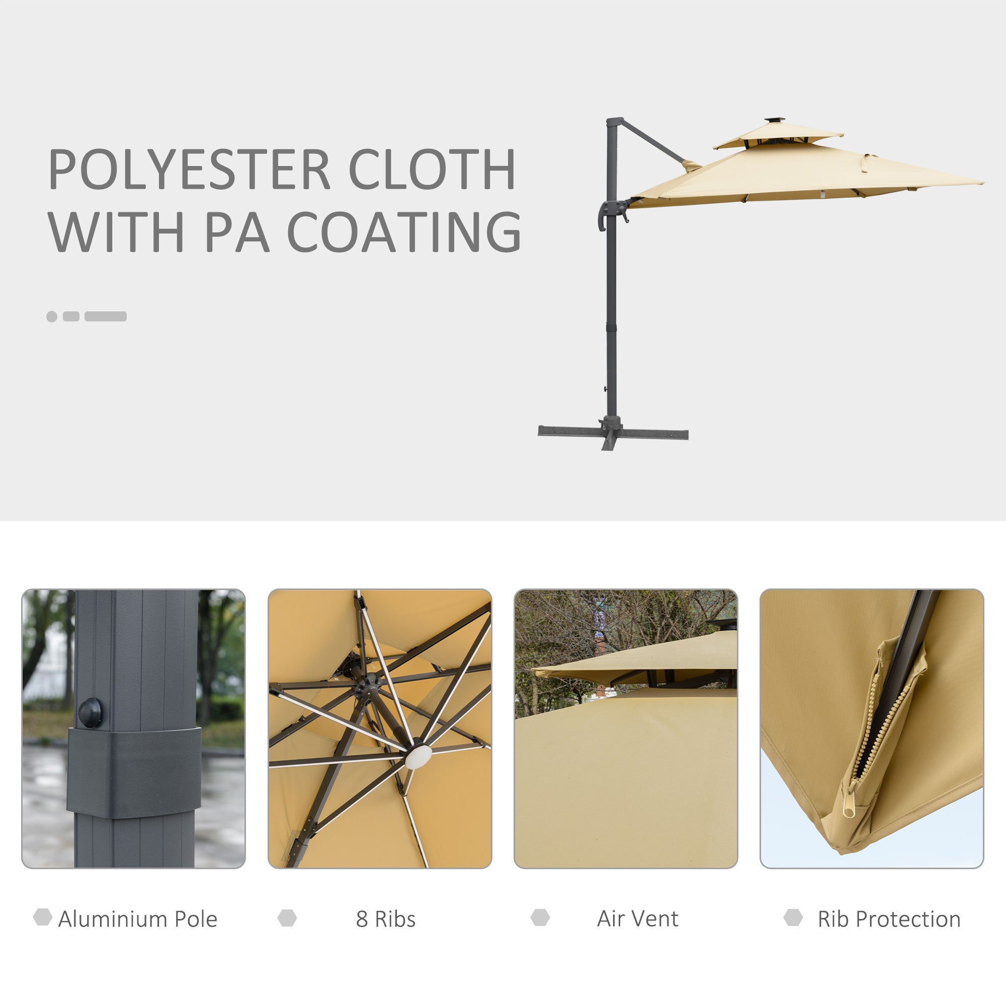 Outsunny 10ft Khaki Solar LED Cantilever Umbrella with 360 Rotation and Tilt for Outdoor Garden Yard Outsunny 10ft Khaki Solar LED Cantilever Umbrella with 360 Rotation and Tilt for Outdoor Garden Yard