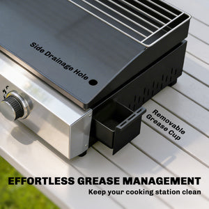 2 Burner Grill Griddle, Portable Gas Plancha with Warming Rack, 5 kW, Tabletop Gas BBQ with Grease Cup for Camping Picnic Patios, Black