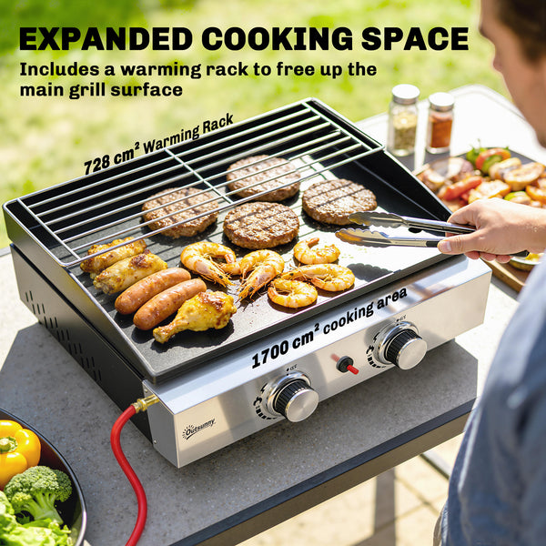 2 Burner Grill Griddle, Portable Gas Plancha with Warming Rack, 5 kW, Tabletop Gas BBQ with Grease Cup for Camping Picnic Patios, Black