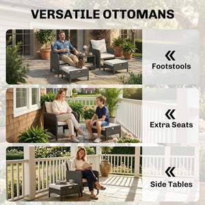 5 Piece Patio Furniture Set, Wicker Balcony Furniture with 23.6" Wide Deep Seat, 2 Ottomans, Glass Coffee Table, Cushions, Rattan Outdoor Conversation Patio Set for Garden Porch, Beige