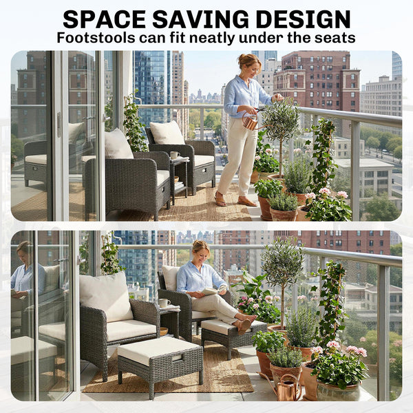 5 Piece Patio Furniture Set, Wicker Balcony Furniture with 23.6" Wide Deep Seat, 2 Ottomans, Glass Coffee Table, Cushions, Rattan Outdoor Conversation Patio Set for Garden Porch, Beige
