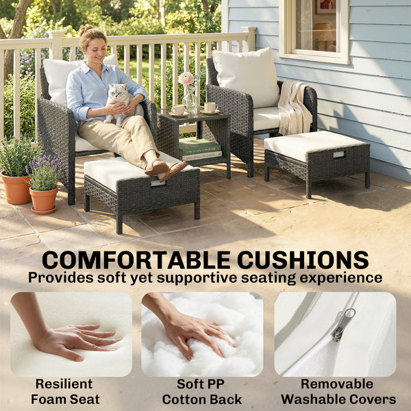 5 Piece Patio Furniture Set, Wicker Balcony Furniture with 23.6" Wide Deep Seat, 2 Ottomans, Glass Coffee Table, Cushions, Rattan Outdoor Conversation Patio Set for Garden Porch, Beige
