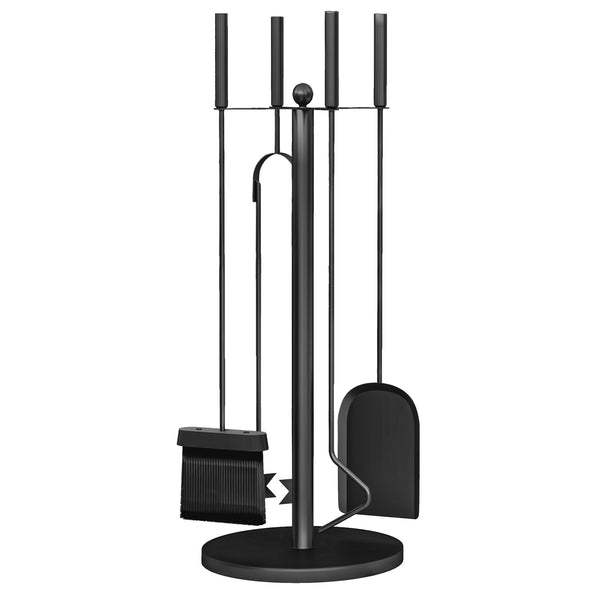 Fireplace Tools Set 5 Pieces Metal Fire Place Kit, Outdoor Indoor Fireside Accessories with Brush, Shovel, Poker, A Pair of Tongs, Stand, Black