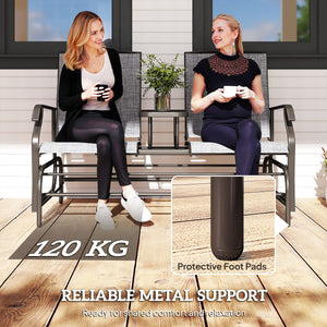 2 Seats Garden Glider Bench, Metal Frame Loveseat with Glass Top  Centre Table, Porch Rocking Glider for 2 Person, for Deck, Patio, Brown/ Grey