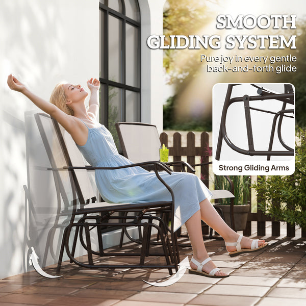 Outdoor Glider Chairs with Coffee Table, Patio 2-Seat Rocking Chair Swing Loveseat with Breathable Sling for Backyard, Garden, and Porch, Beige