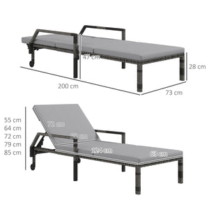 Outdoor PE Rattan Sun Lounger, 5-Level Adjustable Backrest Wicker Outdoor Chaise Recliner, Garden Chair with 2 Wheels, Grey