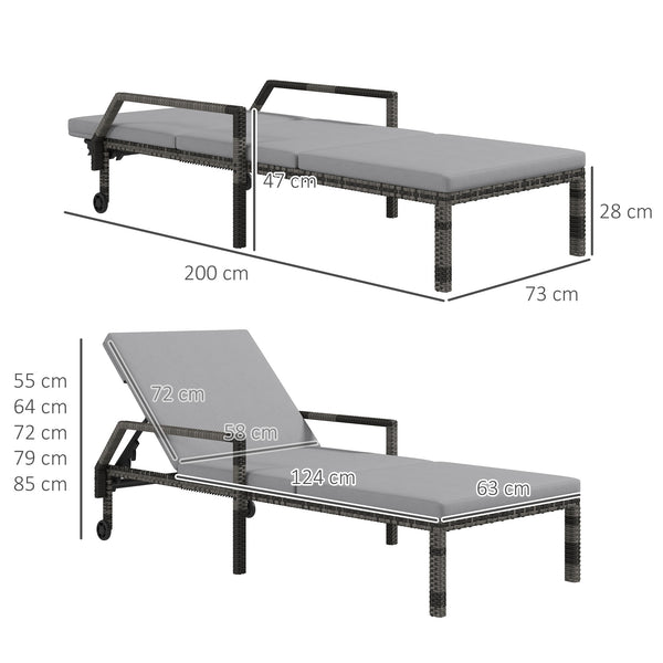 Outdoor PE Rattan Sun Lounger, 5-Level Adjustable Backrest Wicker Outdoor Chaise Recliner, Garden Chair with 2 Wheels, Grey