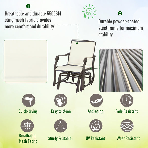 3 Piece Outdoor Glider Chair with Coffee Table Bistro Set, 2 Patio Rocking Swing Chairs with Breathable Sling Fabric, Glass Tabletop, for Backyard, Garden and Porch, Cream White