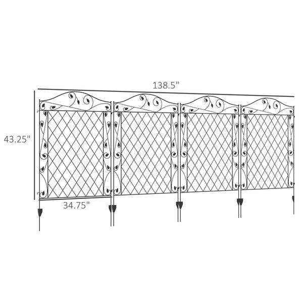 Outsunny Garden Fence, 4 Pack Steel Fence Panels, 11.5' L x 43" H, Rust-Resistant Animal Barrier Decorative Border Flower Edging for Yard, Landscape, Patio, Outdoor Decor, Wavey Vines