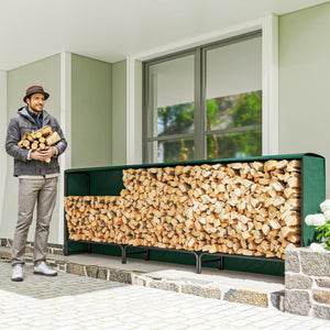 10 ft Firewood Rack with Waterproof Cover, Heavy Duty Metal Log Store Indoors with Steel Chains, Log Storage Holder for Outdoor Indoor Fireplace, Dark Green