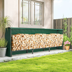 10 ft Firewood Rack with Waterproof Cover, Heavy Duty Metal Log Store Indoors with Steel Chains, Log Storage Holder for Outdoor Indoor Fireplace, Dark Green