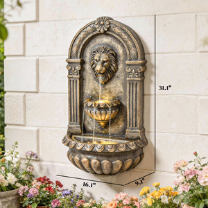 31" Wall-Mounted 3-Tier Outdoor Fountain, Cascading Waterfall Feature with LED Lights and Adjustable Flow, Resin Garden Fountain for Patio Backyard, Rustic Brown