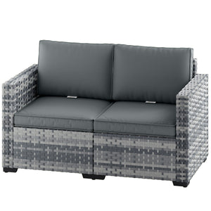 2 Seater Rattan Sofa, Outdoor Garden Sofa with Deep Seat, Cushions and Wide Armrests, All Weather Small Rattan Garden Furniture Loveseat for Patio, Balcony, Porch, Mixed Grey