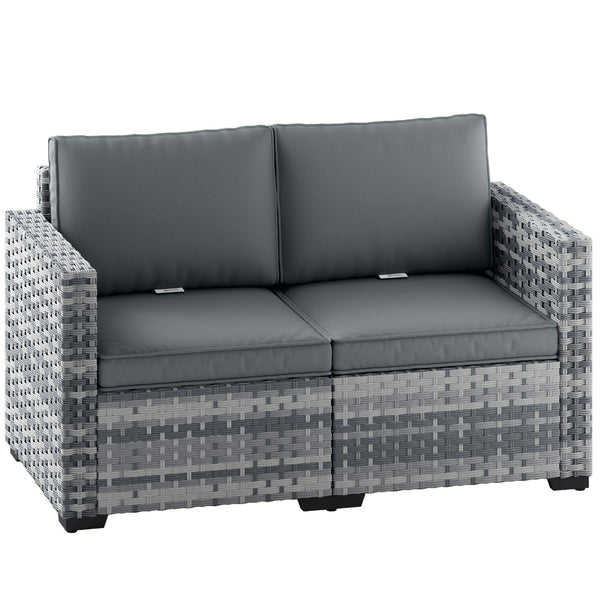 2 Seater Rattan Sofa, Outdoor Garden Sofa with Deep Seat, Cushions and Wide Armrests, All Weather Small Rattan Garden Furniture Loveseat for Patio, Balcony, Porch, Mixed Grey