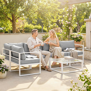 6 Seater Aluminium Garden Furniture Set, Extra Deep Garden Sofa Set with Coffee Table and Thick Cushions, Furniture Conversation Sets for Patio and Balcony, Outdoor, Light Grey