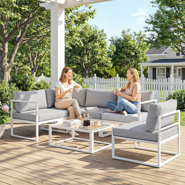 6 Seater Aluminium Garden Furniture Set, Extra Deep Garden Sofa Set with Coffee Table and Thick Cushions, Furniture Conversation Sets for Patio and Balcony, Outdoor, Light Grey