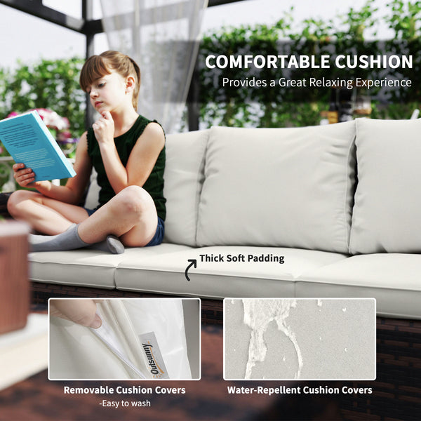 6 Pieces Wicker Patio Furniture Set with Cushions, 7-Seater Rattan Patio Sofa Set with Storage Coffee Table & Side Table, Sectional Outdoor Furniture Set, Cream White