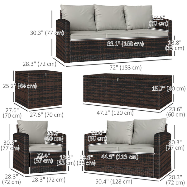 6 Pieces Wicker Patio Furniture Set with Cushions, 7-Seater Rattan Patio Sofa Set with Storage Coffee Table & Side Table, Sectional Outdoor Furniture Set, Cream White