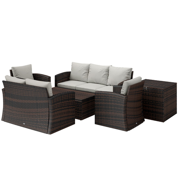 6 Pieces Wicker Patio Furniture Set with Cushions, 7-Seater Rattan Patio Sofa Set with Storage Coffee Table & Side Table, Sectional Outdoor Furniture Set, Cream White