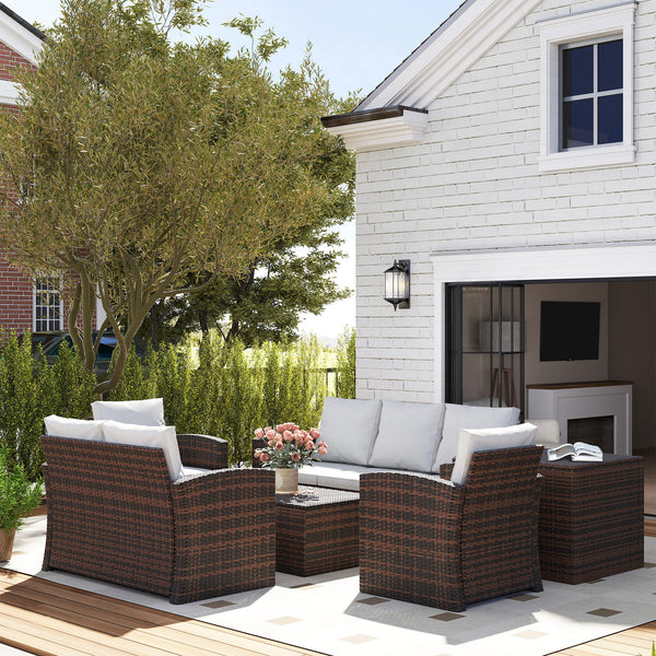 6 Pieces Wicker Patio Furniture Set with Cushions, 7-Seater Rattan Patio Sofa Set with Storage Coffee Table & Side Table, Sectional Outdoor Furniture Set, Cream White