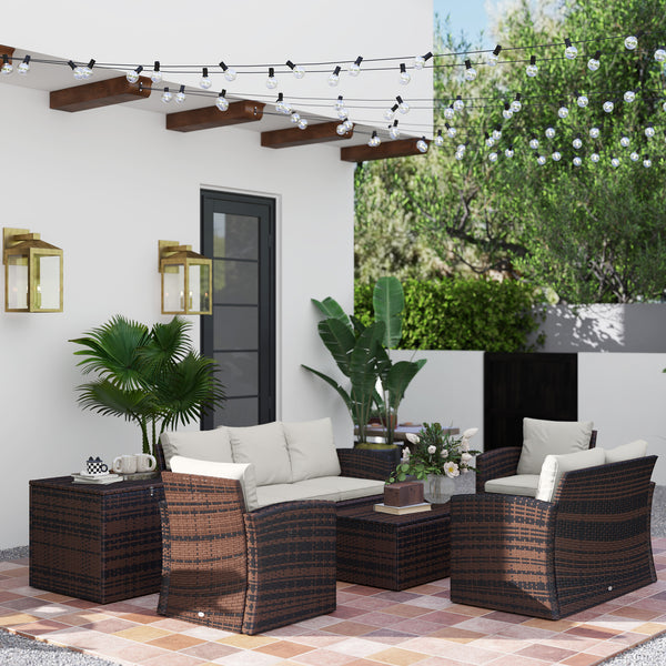 6 Pieces Wicker Patio Furniture Set with Cushions, 7-Seater Rattan Patio Sofa Set with Storage Coffee Table & Side Table, Sectional Outdoor Furniture Set, Cream White