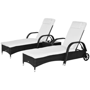 Outsunny Wicker Outdoor Chaise Lounge Set of 2, 5-Level Adjustable Backrest PE Rattan Pool Lounge Chair with Wheels, Cushion & Headrest, Black and Cream White