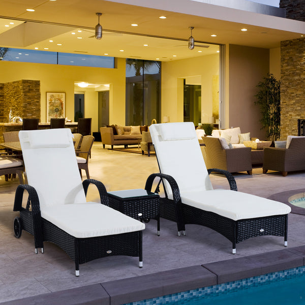 3 Pieces Wicker Patio Lounger Set with Table, PE Rattan Outdoor Lounge Chair Set with Cushions, Wheels, 5-Level Reclining Backrest, Headrest, Black/Cream