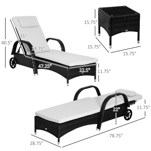 3 Pieces Wicker Patio Lounger Set with Table, PE Rattan Outdoor Lounge Chair Set with Cushions, Wheels, 5-Level Reclining Backrest, Headrest, Black/Cream